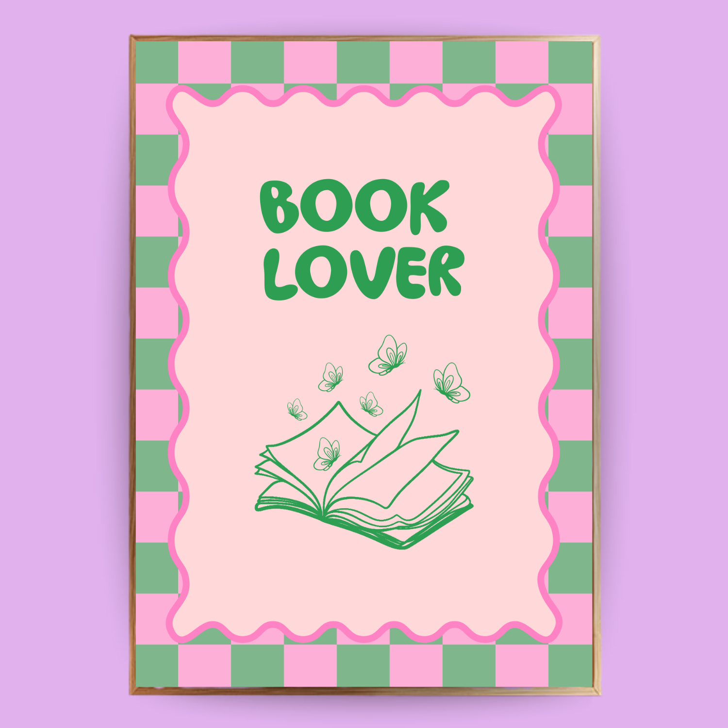 Poster im Rahmen mit Aufdruck "Book Lover" in der Farbe rosa und grün